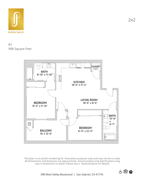 Floor plan for 2 beds, 2 baths, 988 sqft